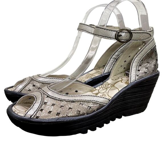 Fly London EU 38 US 7.5-8 Sandals Ydel Wedge Heel Silver Peep Toe Ankle Strap - Picture 1 of 16